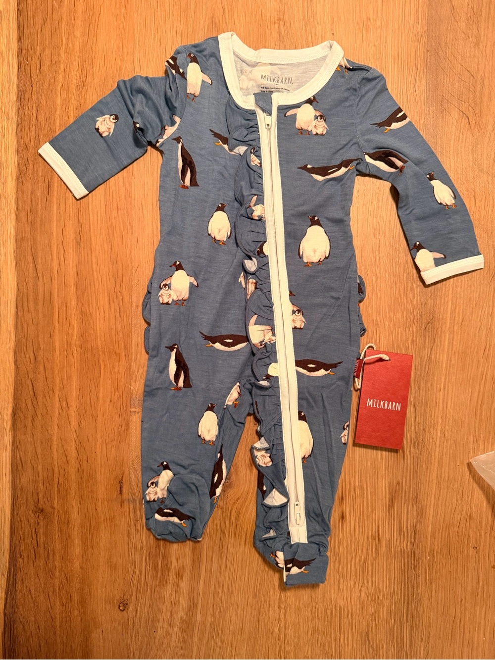 Milkbarn Penguin Luxe Stretch Ruffle Footed Romper